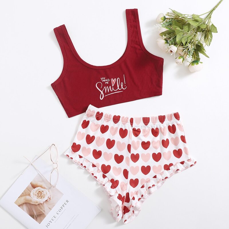 

Heart & Slogan Graphic Ruffle Hem PJ Set, Multicolor