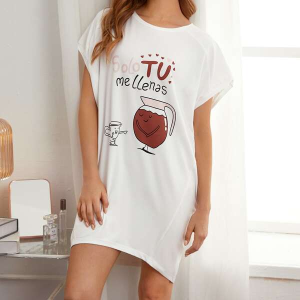 

Letter & Cartoon Graphic Nightdress, White