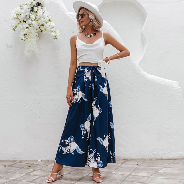 

Floral Wide Leg Pants, Teal blue