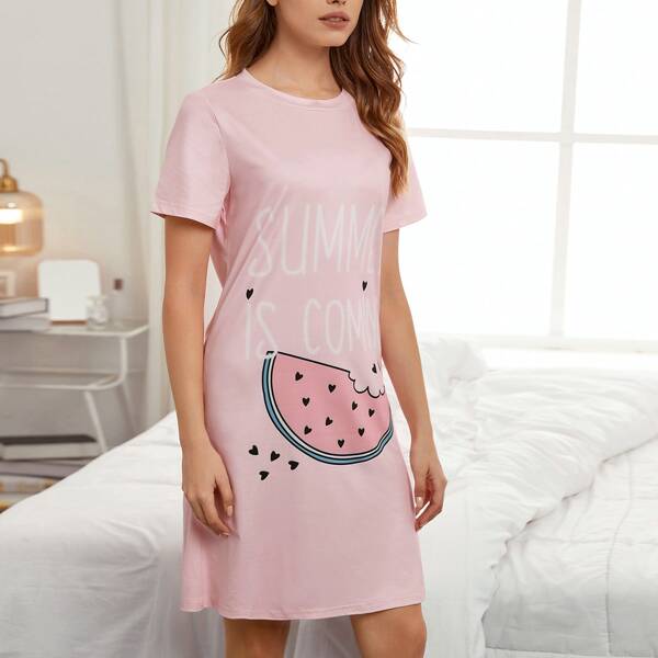 

Watermelon And Slogan Graphic Night Dress, Baby pink