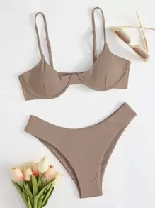 Rib Underwire Bikini Set For Summer Beach Vacation - Khaki - View 1