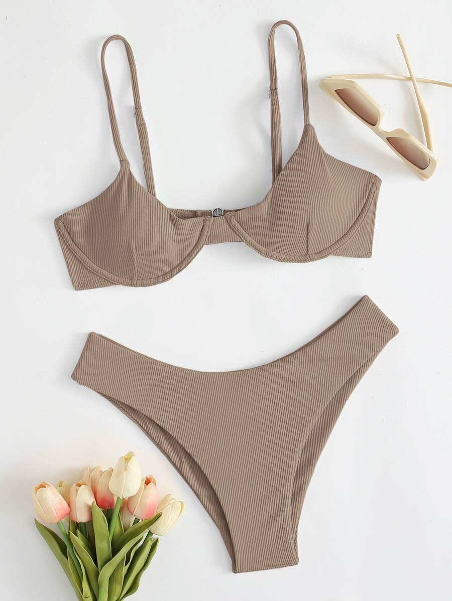 Rib Underwire Bikini Set For Summer Beach Vacation - Khaki - View 1