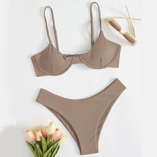 

Rib Underwire Bikini Swimsuit, Khaki