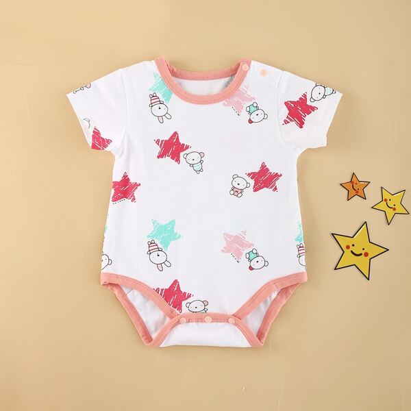 

Baby Unisex Cartoon & Star Graphic Contrast Binding Bodysuit, White