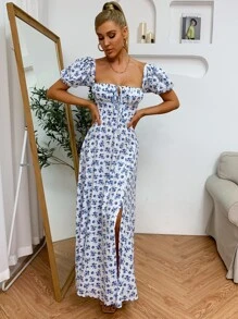 PARTHEA Vestido de mujer con mangas de pétalo y abertura alta con estampado floral ditsy - Azul y blanco - Ver 5