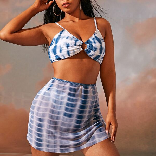 

3pack Plus Tie Dye Ring Linked Bikini Swimsuit & Beach Skirt, Blue and white