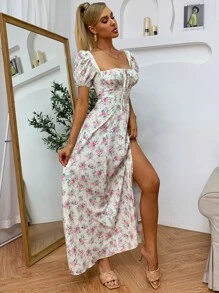 PARTHEA Puff Sleeve High Split Floral Print Dress - Multicolor - View 5