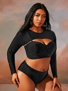 3 gói Plus Size có dây buộc dài tay đi biển mùa hè - màu đen - Xem 3