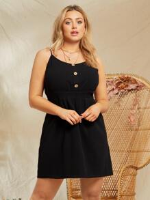 SHEIN Plus Buttoned Front Cami Dress - Black - View 4