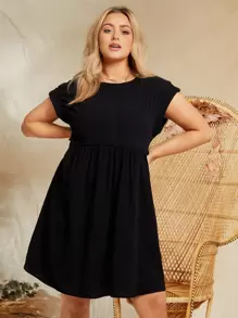 SHEIN Plus Frill Trim Smock Dress - Black - View 1