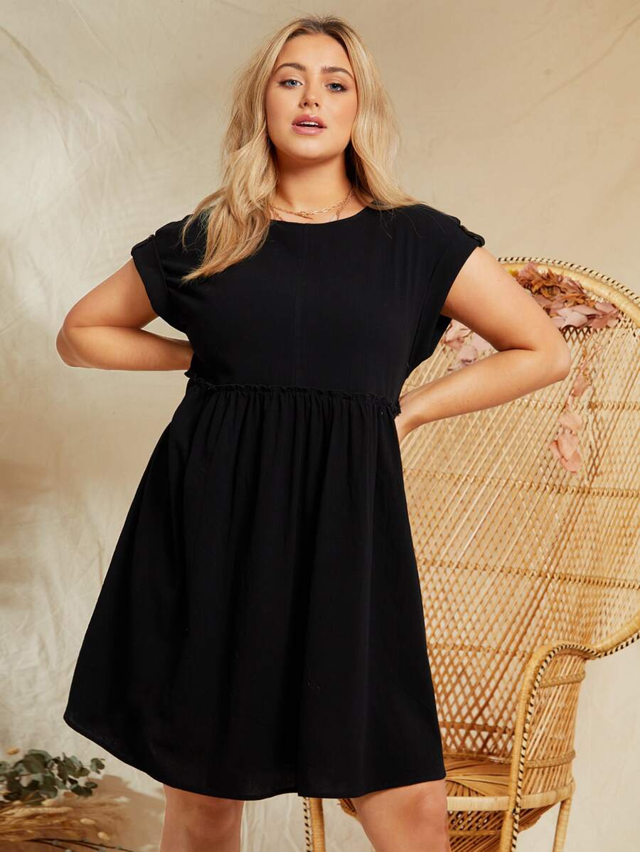 SHEIN Plus Frill Trim Smock Dress - Black - View 1