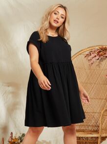 SHEIN Plus Frill Trim Smock Dress - Black - View 3