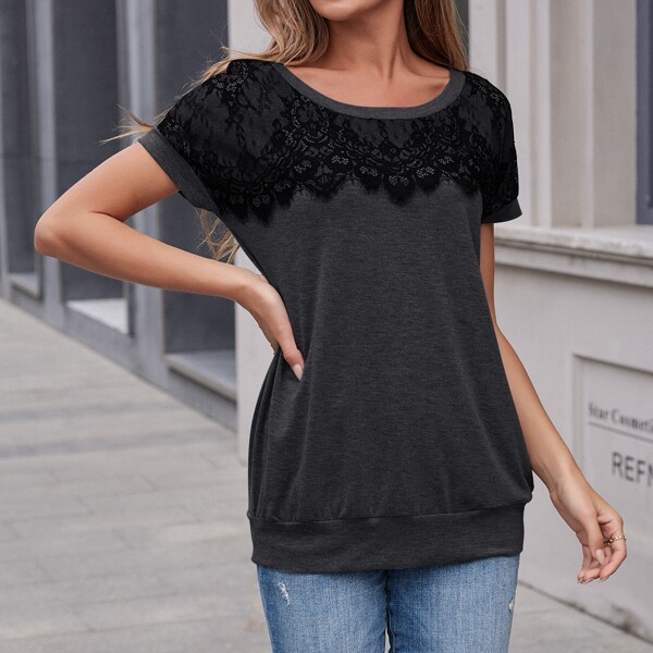 

Contrast Lace Batwing Sleeve Sweatshirt, Dark grey