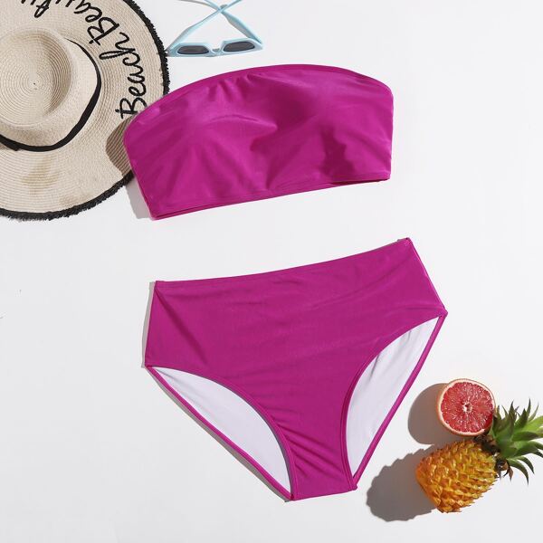 

Plus Bandeau High Waisted Bikini Swimsuit, Red violet