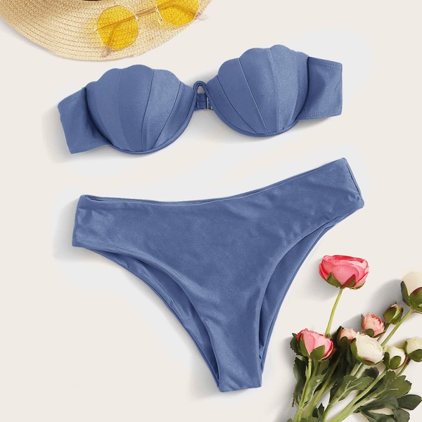 

Scallop Trim Push Up Bikini Swimsuit, Dusty blue