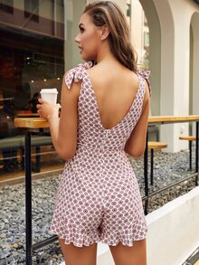 Knot Straps Low Back Floral Self Belted Ruffle Hem Romper - Red and White - View 2