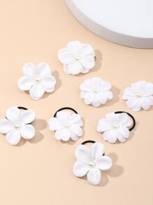 8pcs/Set Girls White Flower Hair Clips & Hair Ties Decorative Set, Suitable For Daily Use - White - View 2