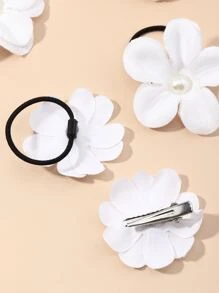 8pcs/Set Girls White Flower Hair Clips & Hair Ties Decorative Set, Suitable For Daily Use - White - View 4