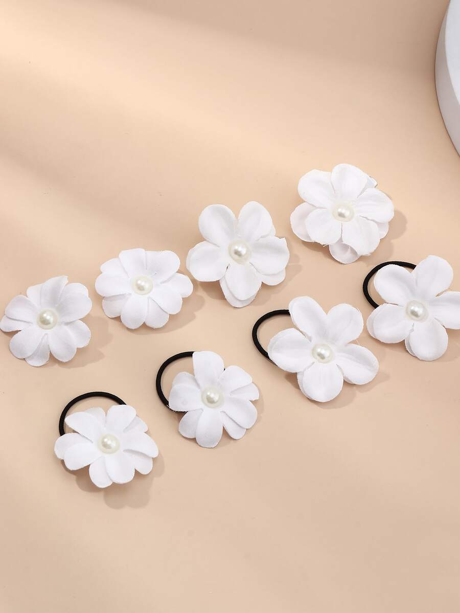 8pcs/Set Girls White Flower Hair Clips & Hair Ties Decorative Set, Suitable For Daily Use - White - View 1