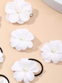 8pcs/Set Girls White Flower Hair Clips & Hair Ties Decorative Set, Suitable For Daily Use - White - View 3