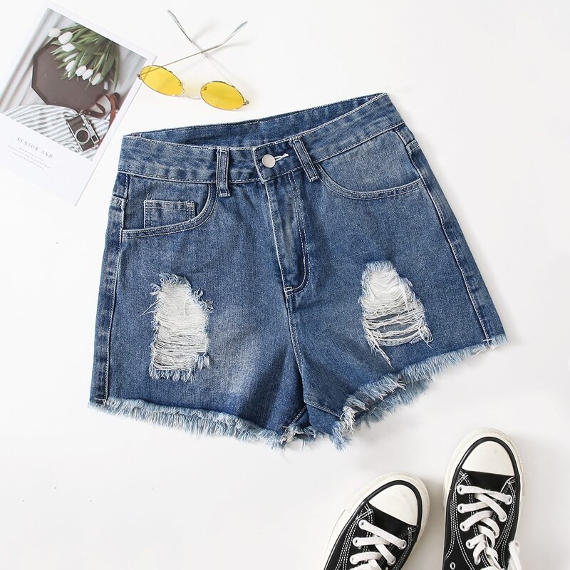 

Ripped Raw Hem Denim Shorts, Medium wash