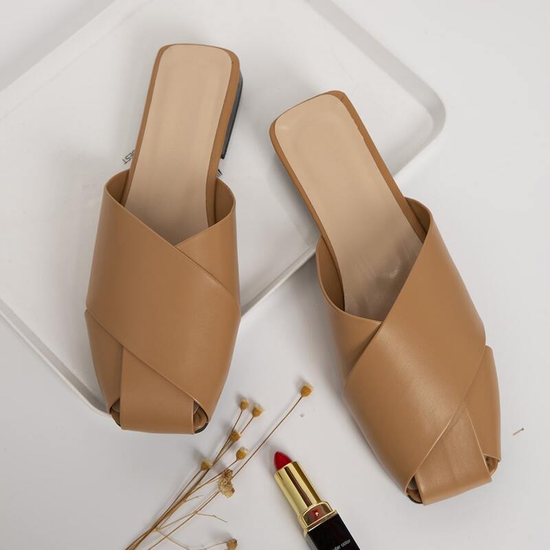 

Square Toe Flat Mules, Khaki