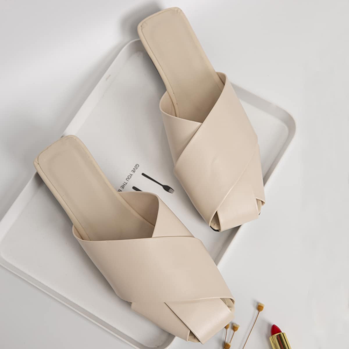 

Square Toe Flat Mules, Beige