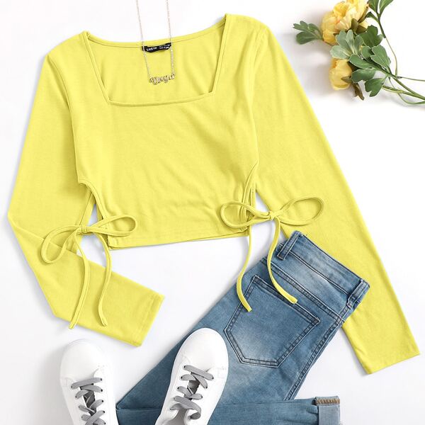 

Square Neck Cutout Knot Hem Crop Tee, Yellow