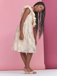 CÉLIAvalverde 誇張荷葉邊提花連衣裙 - 米色 - 查看 3