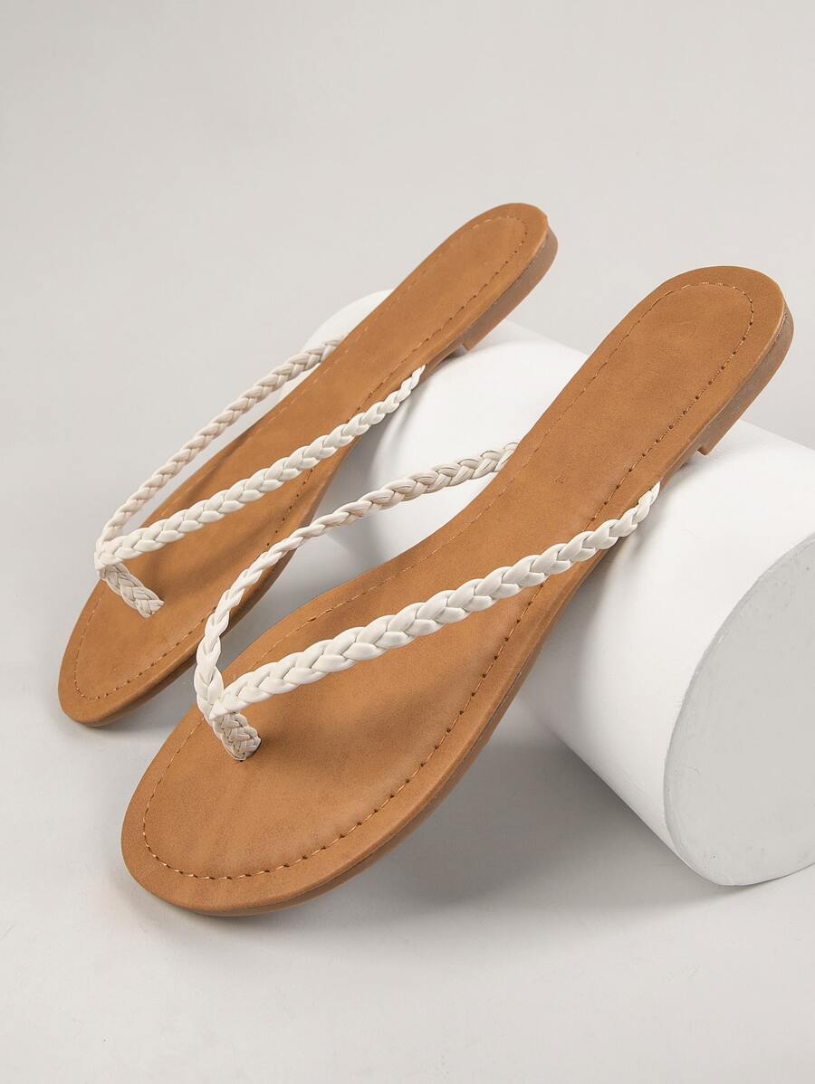 SHUZIA 女士編織細節夾腳時尚極簡戶外T字帶涼鞋 - 白色 - 查看 1