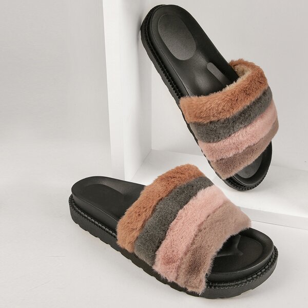 

Plush Multicolored Slip-On Footbed Sandals, Camel