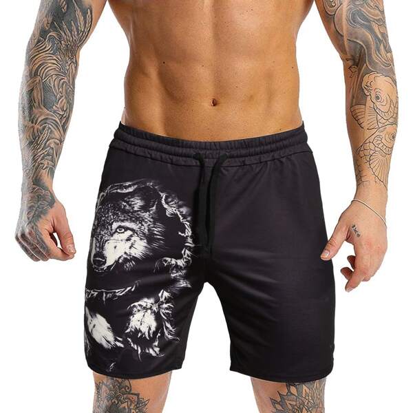 

Men Wolf Print Drawstring Waist Track Shorts, Black