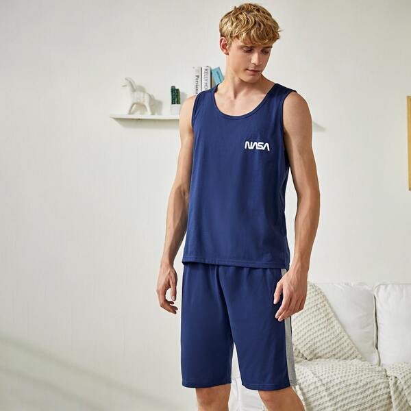 

Men Letter Graphic PJ Set, Blue