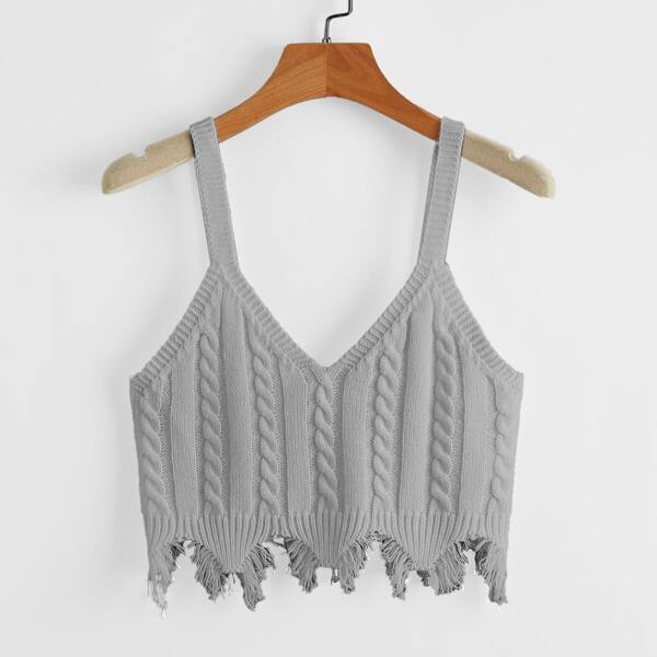 

Distressed Hem Cable Knit Cami Top, Light grey