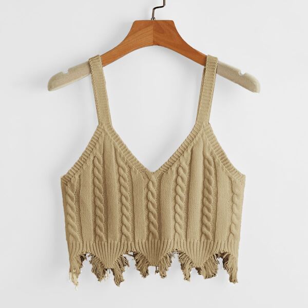 

Distressed Hem Cable Knit Cami Top, Khaki