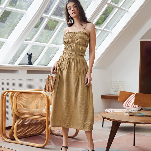 

Frill Trim Shirred Cami Top & Skirt Set, Khaki