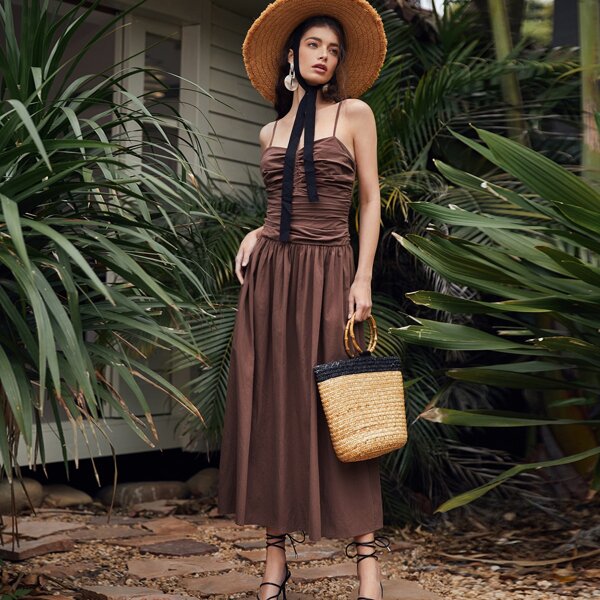 

Solid Ruched Cami Dress, Chocolate brown