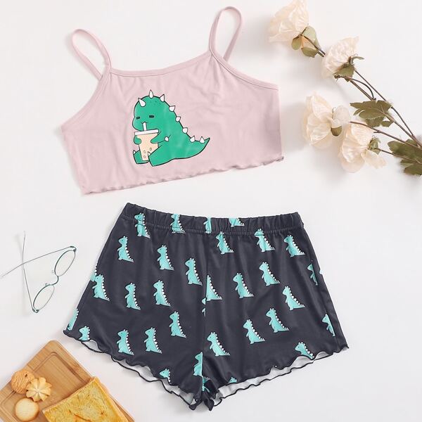 

Cartoon Dinosaur Print Cami Pajama Set, Multicolor
