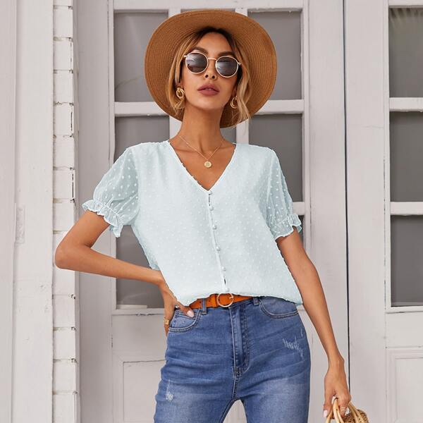 

Swiss Dot Button Up Blouse, Blue