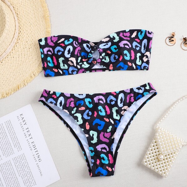 

Leopard Bandeau Bikini Swimsuit, Multicolor