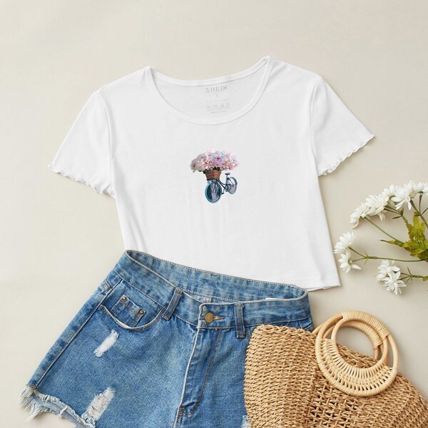 

Bike And Floral Print Lettuce Trim Crop Tee, White