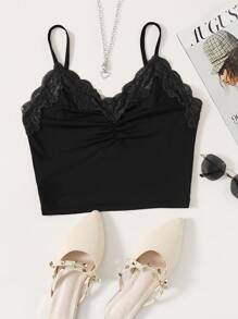 Muchica Top de tirantes panel con encaje fruncido - Negro - Ver 1
