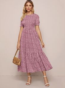 SHEIN VCAY Ditsy Floral Flounce Hem Dress - Dusty Pink - View 1