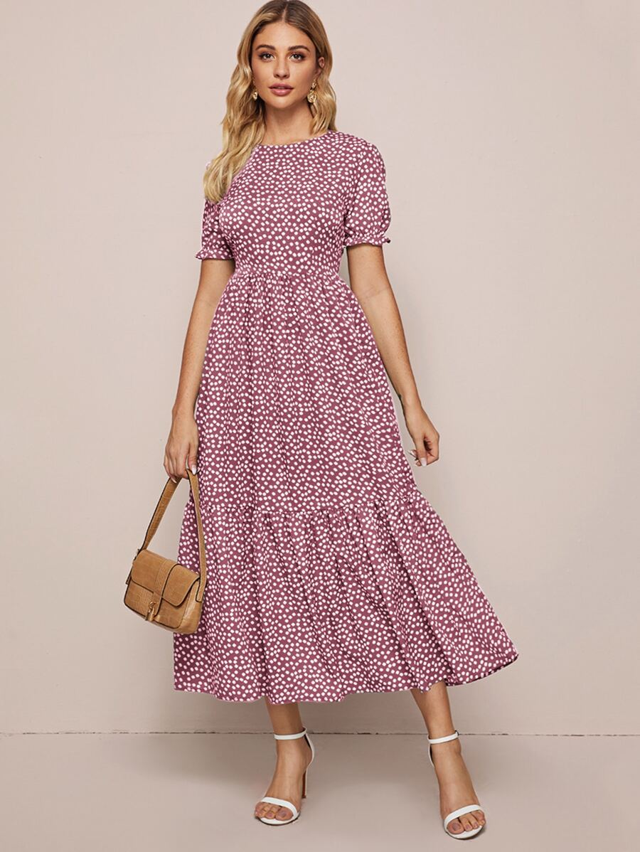 SHEIN VCAY Ditsy Floral Flounce Hem Dress - Dusty Pink - View 1
