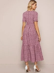 SHEIN VCAY Ditsy Floral Flounce Hem Dress - Dusty Pink - View 2