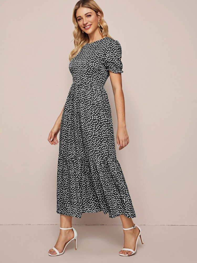 SHEIN VCAY Ditsy Floral Flounce Hem Dress - Black and White - View 4