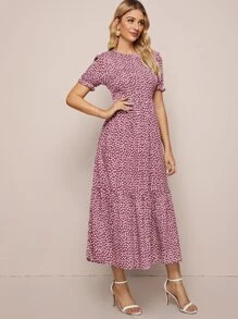 SHEIN VCAY Ditsy Floral Flounce Hem Dress - Dusty Pink - View 3
