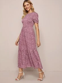 SHEIN VCAY Ditsy Floral Flounce Hem Dress - Dusty Pink - View 4