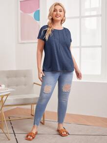 SHEIN LUNE Camiseta con costura delantera tejido jaspeado - Azul Marino - Ver 3