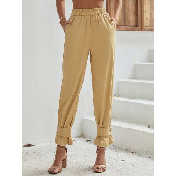 

Elastic Waist Button Side Pants, Khaki